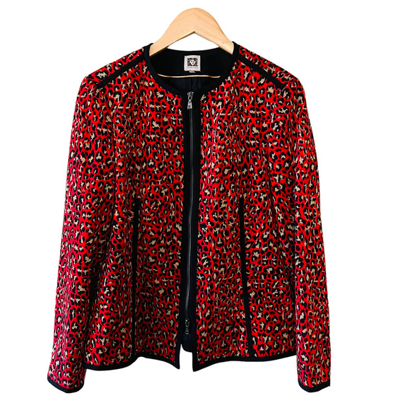 Anne Klein Leopard Print Full Zip Blazer Jacket Red Black Size 12 - Picture 2 of 12